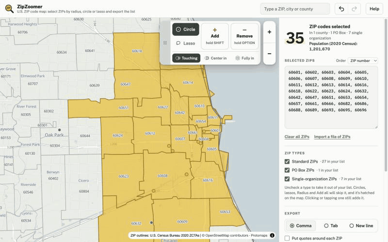 ZipZoomer on a computer: a 5-mile radius around 60601 in Chicago has added 35 ZIP codes, highlighted yellow on the map; the list panel on the right shows 35 ZIP codes selected, their population and the editable list.