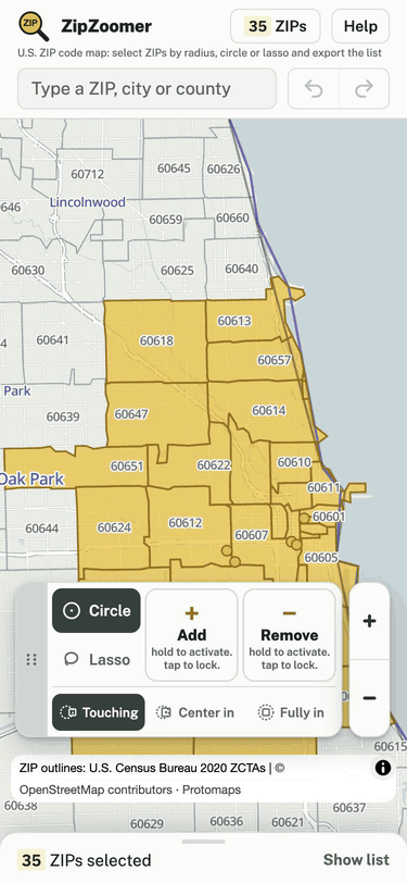 ZipZoomer on a phone: the map fills the screen with the selected ZIP codes in yellow; the selection tools sit at the lower left with the zoom buttons beside them, and the list bar at the bottom shows the number of ZIP codes selected.